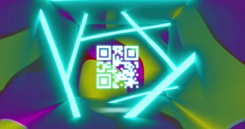 Animation of qr code and neon lines over background with changing colorful Stock Footage 328810605