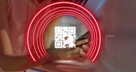 Animation of qr code and neon circles over hands of asian woman using smartphone Stock Footage 328931289