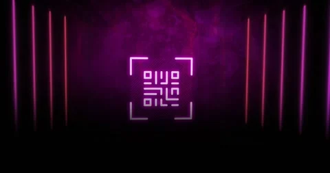 Animation of qr code and neon lines on purple background Stock Footage 329774805