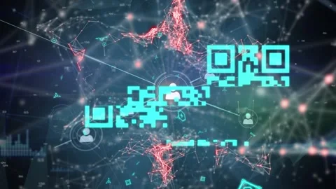 Animation of qr code and network of connections with icons over data processing Stock Footage 326628472