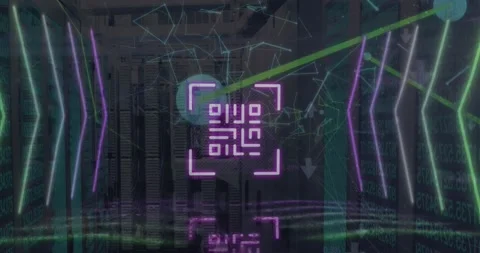 Animation of qr code and network of connections over server room Stock Footage 329108793