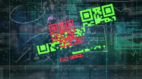 Animation of qr code and network of connections with icons over data processing Stock Footage 330113842