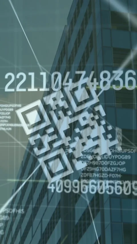 Animation of qr code and numbers over cityscape Stock Footage 322721263