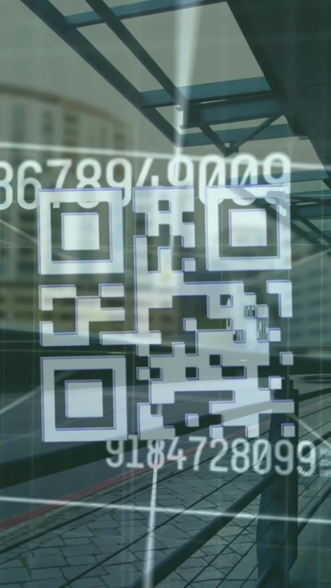 Animation of qr code and numbers over cityscape Stock Footage 322721269