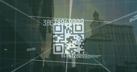Animation of qr code and numbers over cityscape Stock Footage 326424023