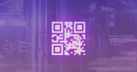 Animation of qr code and programming language over server room in background Stock Footage 329227893