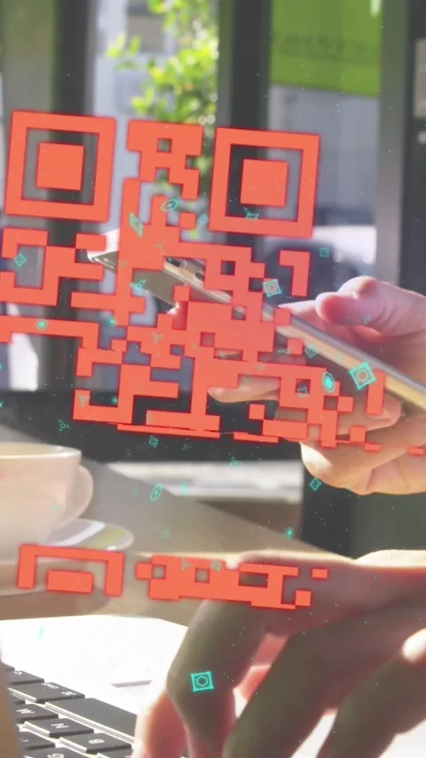 Animation of qr code and shapes over caucasian woman using laptop and smartphone Stock Footage 343779444