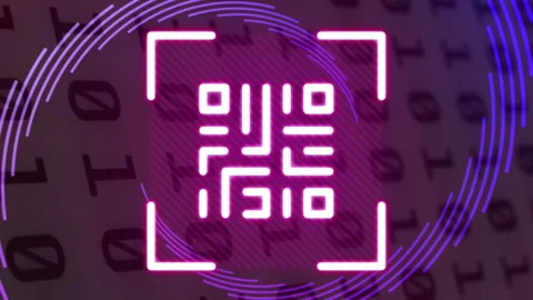 Animation of qr code and spinning purple shapes over binary coding Stock Footage 312409479