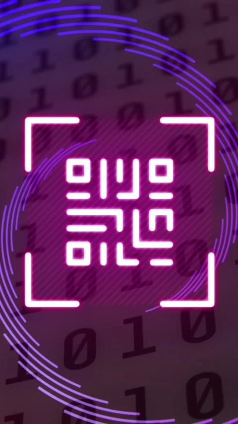 Animation of qr code and spinning purple shapes over binary coding Stock Footage 324702582