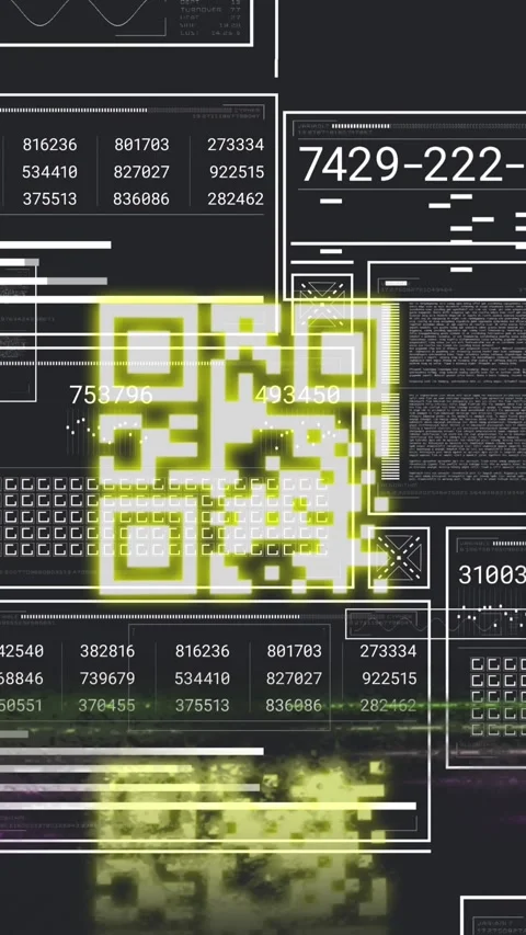 Animation of qr code between lines, multiple numbers in squares and circles, Stock Footage 321991140