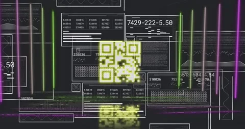 Animation of qr code between lines, multiple numbers in squares and circles, Stock Footage 330336860