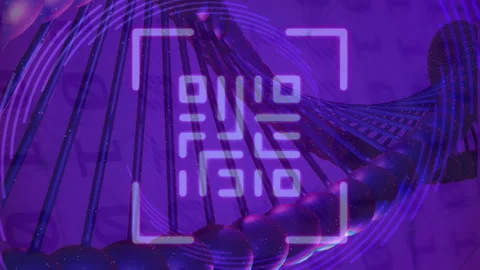 Animation of qr code, binary coding, data processing over dna strand spinning Stock Footage 312420990