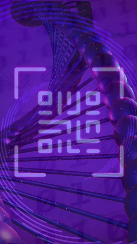 Animation of qr code, binary coding, data processing over dna strand spinning Stock Footage 324022810