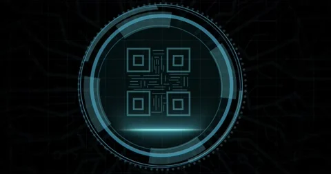 Animation of qr code in circle and cyber security on black background Stock Footage 194552458