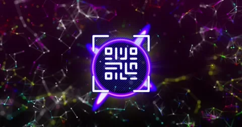 Animation of qr code, circle and constellations on black background Video stock 329420950