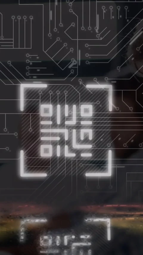 Animation of qr code, circles and integrated circuit over dark space Stock Footage 343779337