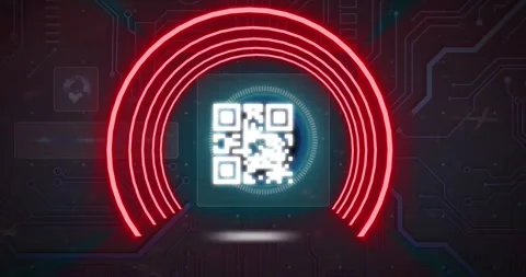 Animation of qr code in circular tunnel, globe, circuit board pattern against Stock Footage 328456742