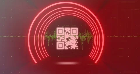 Animation of qr code in circular tunnel over graphs against abstract background Stock Footage 329223112