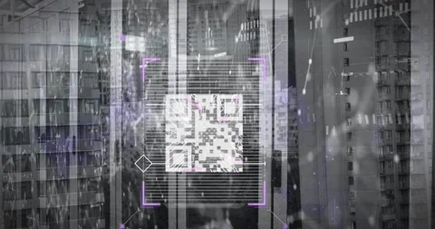 Animation of qr code, data processing over cityscape and computer servers Stock Footage 327276779