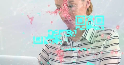 Animation of qr code, data processing and networks over woman using laptop Stock Footage 329564700