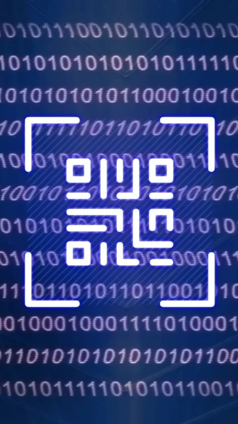 Animation of qr code, digital data processing over binary coding 스톡 동영상 343615806