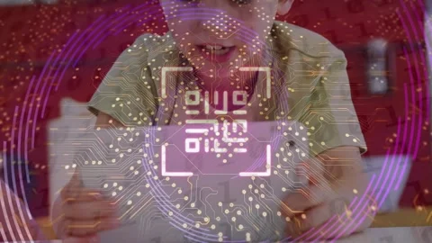 Animation of qr code, fingerprints and circuit board texture over caucasian boy 스톡 동영상 330113909