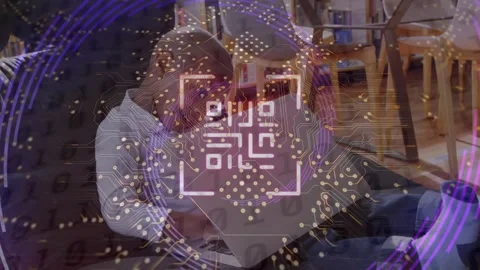 Animation of qr code, fingerprints, circuit board texture over african american 스톡 동영상 329707043