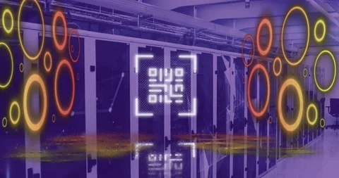 Animation of qr code flashing with neon circles over computer servers Stock Footage 162949766