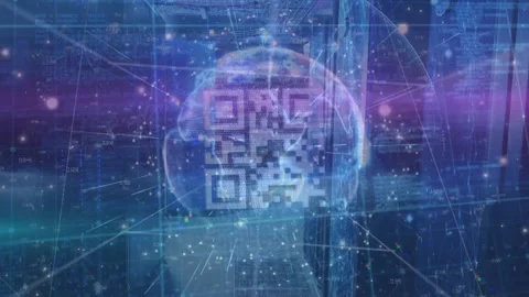 Animation of qr code in globe, connected dots and programming language on Stockbeeldmateriaal 222235898