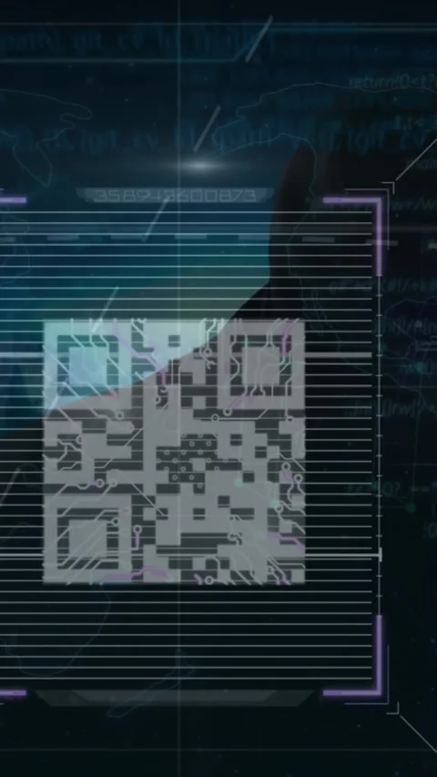 Animation of qr code with globes and data processing over caucasian hacker 库存影片 343643992