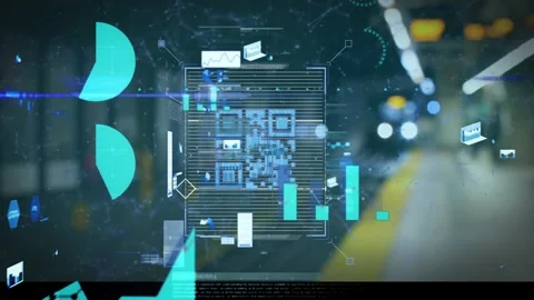 Animation of qr code with graphs and dots interconnecting with lines over subway Stock Footage 327448299