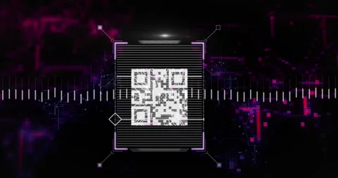 Animation of qr code, graphs and fingerprint in digital dark space Video stock 329511147