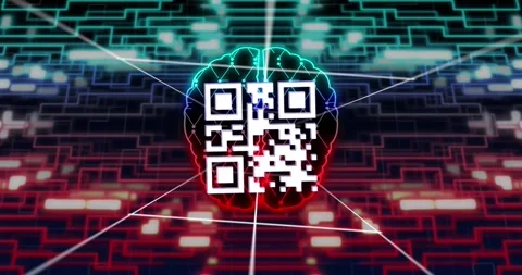 Animation of qr code, human brain and data processing over circuit board Stock Footage 329914678
