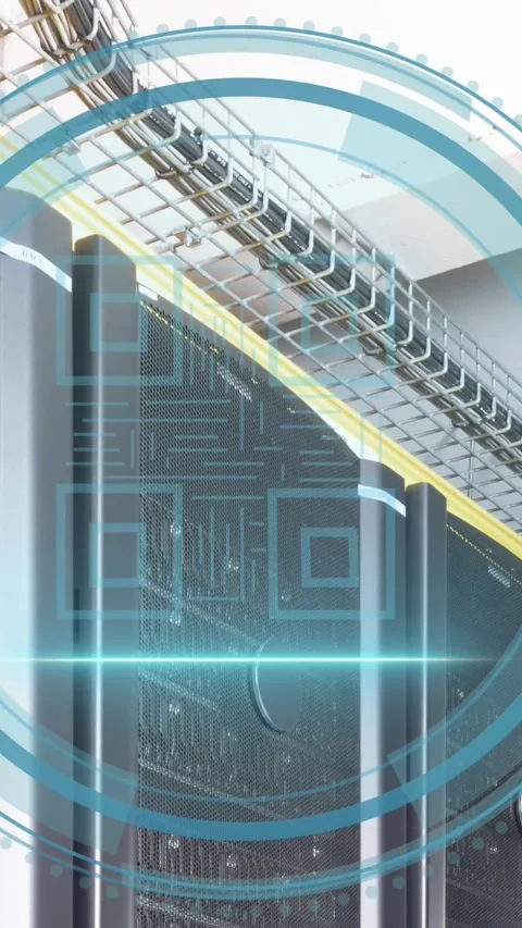 Animation of qr code icon over data processing and server room Video stock 342801784