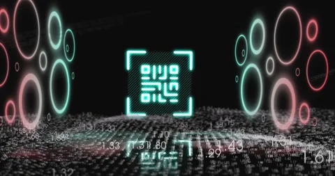 Animation of qr code with illuminated circle with numbers, wave pattern, Video stock 329225478