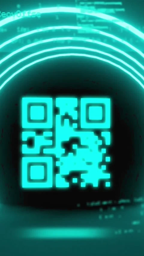 Animation of qr code in illuminated circular tunnel over programming language Stock Footage 321991195