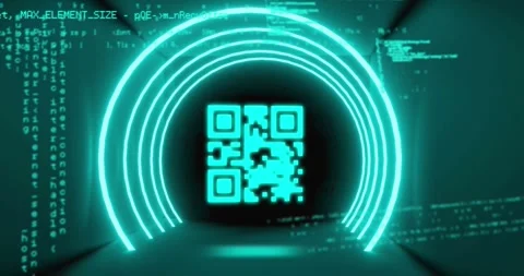 Animation of qr code in illuminated circular tunnel over programming language Stockbeeldmateriaal 329923939