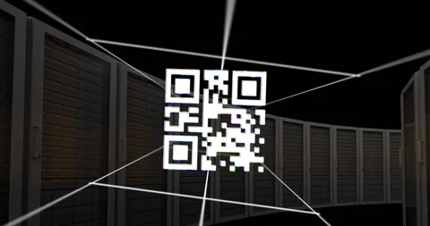 Animation of qr code on lines over server system racks against black background Stock Footage 326876635