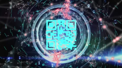 Animation of QR code with multiple blue circles behind it over web connections Video stock 142201710