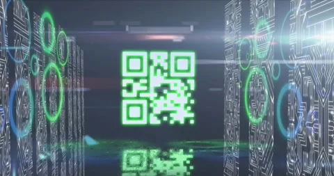 Animation of a qr code with neon elements and computer circuit boards Stock Footage 329414005