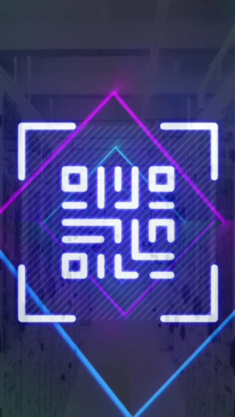 Animation of qr code, neon lines, data processing over servers Stock Footage 321580442