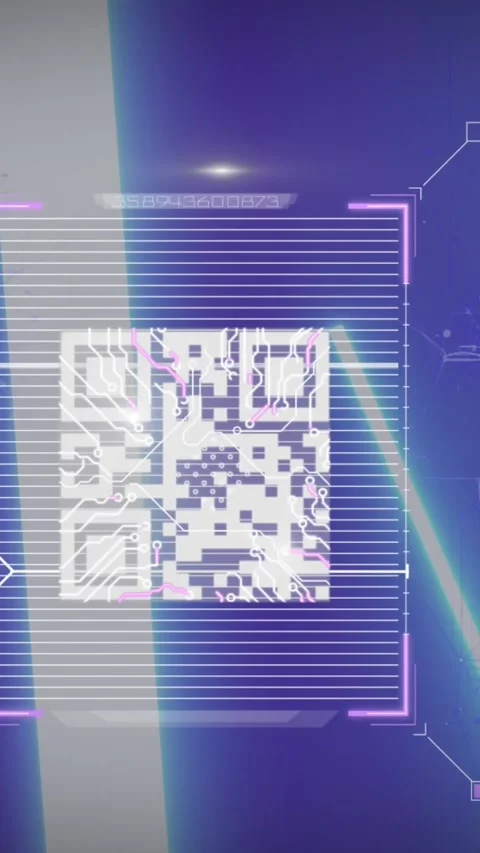 Animation of qr code over biometric fingerprint scanner and glowing light bars Stock Footage 342010121