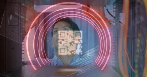 Animation of qr code over caucasian man checking servers Stock Footage 329516257