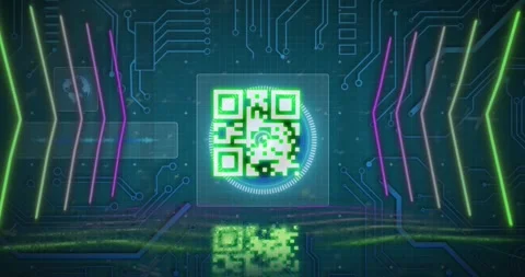 Animation of qr code over circles with arrows against circuit board pattern and Stock Footage 328507000