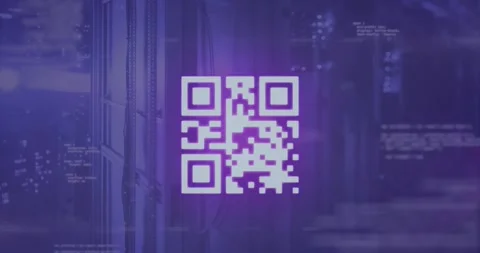 Animation of qr code over computer language against server room in background Stockbeeldmateriaal 330413603