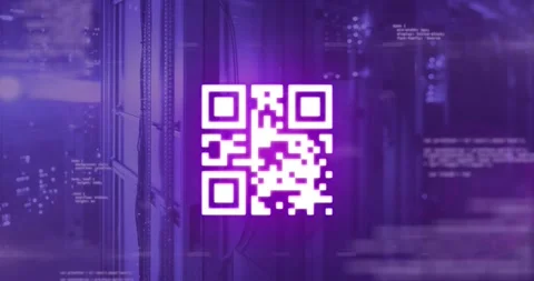 Animation of qr code over data processing and server room Stock Footage 329419364