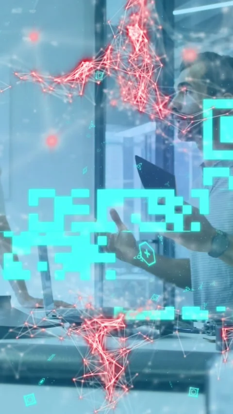 Animation of qr code over diverse business people having meeting at office Stock Footage 321719918