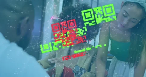 Animation of qr code over diverse business people having meeting at office Stock Footage 326751874