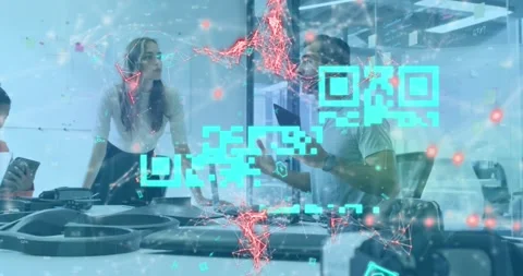 Animation of qr code over diverse business people having meeting at office Stock Footage 328507140