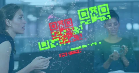 Animation of qr code over diverse business people having meeting at office Stock Footage 329123787